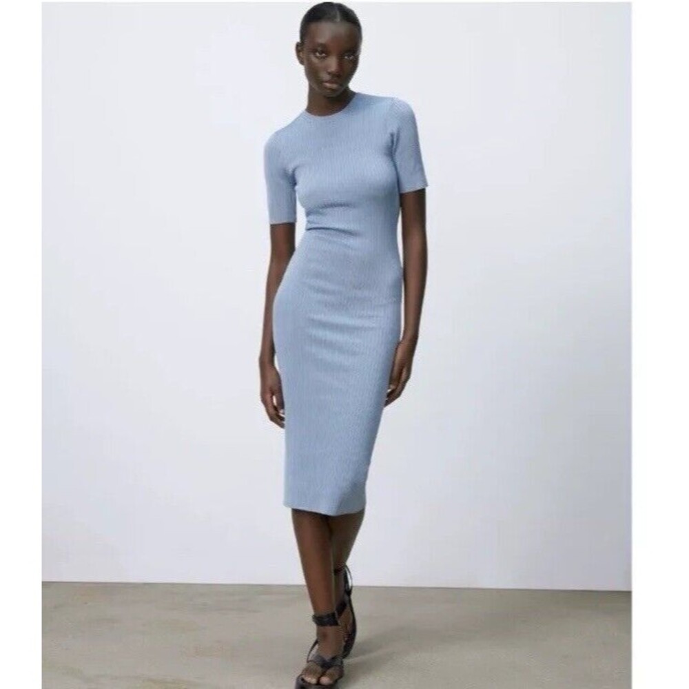 NWT Zara knit midi dress M Open Back Ribbed Bodycon light blue